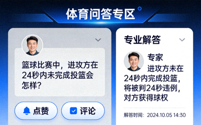 体育问答专区界面 - 用户提问关于篮球规则与专业解答展示